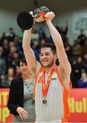 25 January 2019; Glasnevin captain Mark Flynn lifts the cup after the Hula Hoops NICC Men’s Cup Final match between Glasnevin and Drogheda Bullets at the National Basketball Arena in Tallaght, Dublin. Photo by Brendan Moran/Sportsfile