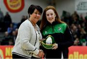 25 January 2019; Sorcha Tiernan of Liffey Celtics is presented with her Senior Women's Cap by President of Basketball Ireland Theresa Walsh during an All-Ireland Caps Presentation at the National Basketball Arena in Tallaght, Dublin. Photo by Eóin Noonan/Sportsfile
