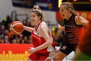 26 January 2019; Sarah Livesey of Fr. Mathews in action against Hannah Feerick of Killester during the Hula Hoops NICC Women’s National Cup Final match between Fr Mathews and Killester at the National Basketball Arena in Tallaght, Dublin. Photo by Brendan Moran/Sportsfile