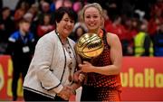 26 January 2019; Kate McDaid of Killester is presented with the MVP by President of Basketball Ireland Theresa Walsh after the Hula Hoops NICC Women’s National Cup Final match between Fr Mathews and Killester at the National Basketball Arena in Tallaght, Dublin. Photo by Brendan Moran/Sportsfile