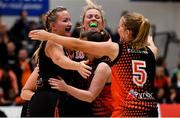 26 January 2019; Killester players, from left, Catriona White, Kate McDaid, Ciara Fenton and Hannah Feerick celebrate at the final buzzer of the Hula Hoops NICC Women’s National Cup Final match between Fr Mathews and Killester at the National Basketball Arena in Tallaght, Dublin. Photo by Brendan Moran/Sportsfile