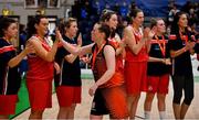 26 January 2019; Ciara Fenton of Killester with the dejected Fr. Mathews team after the Hula Hoops NICC Women’s National Cup Final match between Fr Mathews and Killester at the National Basketball Arena in Tallaght, Dublin. Photo by Brendan Moran/Sportsfile