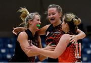 26 January 2019; Kate McDaid of Killester, left, celebrates with team-mates Catriona White, centre, and Siobhan Kennedy after the Hula Hoops NICC Women’s National Cup Final match between Fr Mathews and Killester at the National Basketball Arena in Tallaght, Dublin. Photo by Eóin Noonan/Sportsfile