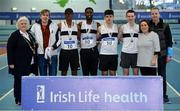26 January 2019; The Donore Harriers Team, Co. Dublin, with Athletics Ireland President Georgina Drumm, left, and their silver medals after finishing second in the men's competition during the AAI National Indoor League Round 2 at the AIT International Arena in Athlone, Co. Westmeath. Photo by Sam Barnes/Sportsfile