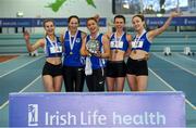 26 January 2019; The Dublin City Harriers team, Co. Dublin, celebrate with the shield after winning the women's competition during the AAI National Indoor League Round 2 at the AIT International Arena in Athlone, Co. Westmeath. Photo by Sam Barnes/Sportsfile