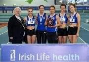 26 January 2019; The Dublin City Harriers team, Co. Dublin, with Athletics Ireland President Georgina Drumm, left, and the shield after winning the women's competition during the AAI National Indoor League Round 2 at the AIT International Arena in Athlone, Co. Westmeath. Photo by Sam Barnes/Sportsfile