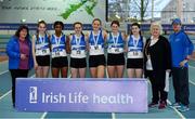26 January 2019; The St Laurence O'Toole A.C. team, Co. Carlow, with Athletics Ireland President Georgina Drumm, second from right, and their silver medals after finishing second in the women's competition during the AAI National Indoor League Round 2 at the AIT International Arena in Athlone, Co. Westmeath. Photo by Sam Barnes/Sportsfile