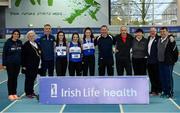 26 January 2019; The Finn Valley AC team, Co. Donegal, with Athletics Ireland President Georgina Drumm, second from left, and their silver medals after finishing second in the women's competition during the AAI National Indoor League Round 2 at the AIT International Arena in Athlone, Co. Westmeath. Photo by Sam Barnes/Sportsfile