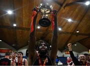 26 January 2019; Andre Nation of Tradehouse Central Ballincollig lifting the cup following the Hula Hoops Men’s Presidents National Cup Final match between Bad Bobs Tolka Rovers and Tradehouse Central Ballincollig at the National Basketball Arena in Tallaght, Dublin. Photo by Eóin Noonan/Sportsfile