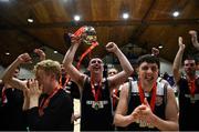 26 January 2019; Ballincollig players celebrate with the cup following the Hula Hoops Men’s Presidents National Cup Final match between Bad Bobs Tolka Rovers and Tradehouse Central Ballincollig at the National Basketball Arena in Tallaght, Dublin. Photo by Eóin Noonan/Sportsfile