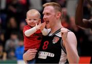 26 January 2019; Ian McLoughlin of Tradehouse Central Ballincollig celebrates with his daughter Millie after the Hula Hoops Men’s President's National Cup Final match between Bad Bobs Tolka Rovers and Tradehouse Central Ballincollig at the National Basketball Arena in Tallaght, Dublin. Photo by Brendan Moran/Sportsfile
