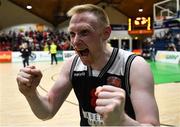 26 January 2019; Ian McLoughlin of Tradehouse Central Ballincollig celebrates after the Hula Hoops Men’s Presidents National Cup Final match between Bad Bobs Tolka Rovers and Tradehouse Central Ballincollig at the National Basketball Arena in Tallaght, Dublin. Photo by Eóin Noonan/Sportsfile