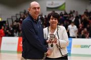 26 January 2019; Assistant coach Francis O'Sullivan, left, is presented with his Senior Women's National Team medal by President of Basketball Ireland Theresa Walsh during an All-Ireland Caps Presentation at the National Basketball Arena in Tallaght, Dublin. Photo by Brendan Moran/Sportsfile