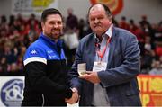 26 January 2019; Assistant coach Paul Kelleher, left, is presented with his Senior Women's National Team medal by Secretary General of Basketball Ireland Bernard O'Byrne during an All-Ireland Caps Presentation at the National Basketball Arena in Tallaght, Dublin. Photo by Brendan Moran/Sportsfile
