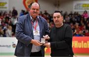 26 January 2019; Head coach Mark Scannell, right, is presented with his Senior Women's National Team medal by Secretary General of Basketball Ireland Bernard O'Byrne during an All-Ireland Caps Presentation at the National Basketball Arena in Tallaght, Dublin. Photo by Brendan Moran/Sportsfile