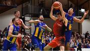 26 January 2019; Luis Filiberto Garcia Hoyos of Pyrobel Killester in action against Mariusz Markowicz and Joan Jordi Vall Llobera of UCD Marian during the Hula Hoops Men’s Pat Duffy National Cup Final match between Pyrobel Killester and UCD Marian at the National Basketball Arena in Tallaght, Dublin. Photo by Brendan Moran/Sportsfile