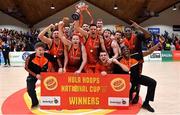 26 January 2019; The Pyrobel Killester team celebrate with the cup after the Hula Hoops Men’s Pat Duffy National Cup Final match between Pyrobel Killester and UCD Marian at the National Basketball Arena in Tallaght, Dublin. Photo by Brendan Moran/Sportsfile