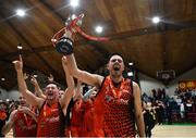 26 January 2019; Alan Casey of Pyrobel Killester celebrates with the cup following the Hula Hoops Men’s Pat Duffy National Cup Final match between Pyrobel Killester and UCD Marian at the National Basketball Arena in Tallaght, Dublin. Photo by Eóin Noonan/Sportsfile