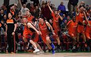 26 January 2019; Pyrobel Killester players, including Paddy Sullivan and Andy McGeever, celebrate after the Hula Hoops Men’s Pat Duffy National Cup Final match between Pyrobel Killester and UCD Marian at the National Basketball Arena in Tallaght, Dublin. Photo by Brendan Moran/Sportsfile