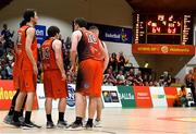 26 January 2019; Killester players huddle late in the game during the Hula Hoops Men’s Pat Duffy National Cup Final match between Pyrobel Killester and UCD Marian at the National Basketball Arena in Tallaght, Dublin. Photo by Eóin Noonan/Sportsfile