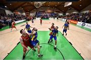 26 January 2019; Kieran O’Brien, left, and Luis Filiberto Garcia Hoyos of Pyrobel Killester and Mariusz Markowicz and Joan Jordi Vall Llobera of UCD Marian look on as a 3 pointer from Royce Williams of Pyrobel Killester drops into the basket to give his side a 64-63 leads with seconds left in the Hula Hoops Men’s Pat Duffy National Cup Final match between Pyrobel Killester and UCD Marian at the National Basketball Arena in Tallaght, Dublin. Photo by Brendan Moran/Sportsfile