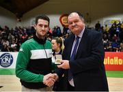 25 January 2019; Ciaran Nannery, left, is presented with his Senior Men's National Team medal by Secretary General of Basketball Ireland Bernard O'Byrne during an All-Ireland Caps Presentation at the National Basketball Arena in Tallaght, Dublin. Photo by Eóin Noonan/Sportsfile