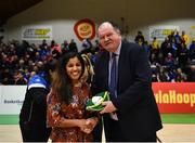 25 January 2019; Jodie Black, left, collecting her brother Travis' Senior Men's National Team Cap presented by Secretary General of Basketball Ireland Bernard O'Byrne during an All-Ireland Caps Presentation at the National Basketball Arena in Tallaght, Dublin. Photo by Eóin Noonan/Sportsfile