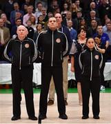26 January 2019; Match officials Martin McGettrick, Maciej Nazimek and Ines Freire prior to the Hula Hoops Men’s Pat Duffy National Cup Final match between Pyrobel Killester and UCD Marian at the National Basketball Arena in Tallaght, Dublin. Photo by Brendan Moran/Sportsfile