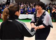 26 January 2019; President of Basketball Ireland Theresa Walsh meets referee Ines Freire prior to the Hula Hoops Men’s Pat Duffy National Cup Final match between Pyrobel Killester and UCD Marian at the National Basketball Arena in Tallaght, Dublin. Photo by Brendan Moran/Sportsfile