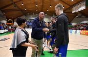 26 January 2019; Guest of honour and former Ireland international Pat Burke and President of Basketball Ireland Theresa Walsh meet the teams prior to the Hula Hoops Men’s Pat Duffy National Cup Final match between Pyrobel Killester and UCD Marian at the National Basketball Arena in Tallaght, Dublin. Photo by Brendan Moran/Sportsfile