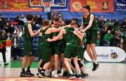 27 January 2019; The Moycullen team celebrate at the final buzzer in the Hula Hoops Under 18 Men’s National Cup Final match between Belfast Star and Moycullen at the National Basketball Arena in Tallaght, Dublin. Photo by Brendan Moran/Sportsfile