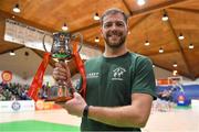 27 January 2019; Moycullen head coach Dylan Cunningham with the cup after the Hula Hoops Under 18 Men’s National Cup Final match between Belfast Star and Moycullen at the National Basketball Arena in Tallaght, Dublin. Photo by Brendan Moran/Sportsfile