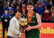 27 January 2019; Paul Kelly of Moycullen is presented with the MVP award by President of Basketball Ireland Theresa Walsh during the Hula Hoops Under 18 Men’s National Cup Final match between Belfast Star and Moycullen at the National Basketball Arena in Tallaght, Dublin. Photo by Eóin Noonan/Sportsfile