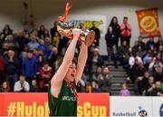 27 January 2019; Tommy McNeela of Moycullen lifting the cup after the Hula Hoops Under 18 Men’s National Cup Final match between Belfast Star and Moycullen at the National Basketball Arena in Tallaght, Dublin. Photo by Eóin Noonan/Sportsfile