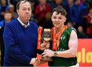 27 January 2019; Joe Naughton, NABC representative presenting the cup to Moycullen captain Tommy McNeela after the Hula Hoops Under 18 Men’s National Cup Final match between Belfast Star and Moycullen at the National Basketball Arena in Tallaght, Dublin. Photo by Eóin Noonan/Sportsfile