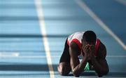 27 January 2019; Israel Olatunde of Dundealgan AC, Co. Louth, reacts after winning the Junior Men 60m event during the Irish Life Health Junior and U23 Indoors at AIT International Arena in Athlone, Co. Westmeath. Photo by Sam Barnes/Sportsfile