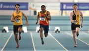 27 January 2019; Joseph Olalekan Ojemumi of Tallaght AC, Co. Dublin, centre, on his way to winning the U23 Men 60m event, ahead of Joe Gibson of Bandon AC, Co. Cork, left, and Jack Manning of Kilkenny City Harriers AC, Co. Kilkenny, during the Irish Life Health Junior and U23 Indoors at AIT International Arena in Athlone, Co. Westmeath. Photo by Sam Barnes/Sportsfile