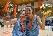 27 January 2019; DCU captain Bronagh Power Cassidy, left, and MVP Rachel Huidjsens celebrate after the Hula Hoops Under 20 Women’s National Cup Final match between Portlaoise Panthers and DCU Mercy at the National Basketball Arena in Tallaght, Dublin. Photo by Brendan Moran/Sportsfile