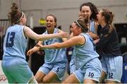 27 January 2019; DCU Mercy players, Bronagh Power Cassidy (13), Nicole Clancy (5), Niamh Kenny (10), and Ali Donohoe (12), celebrate at the the final buzzer of the Hula Hoops Under 20 Women’s National Cup Final match between Portlaoise Panthers and DCU Mercy at the National Basketball Arena in Tallaght, Dublin. Photo by Brendan Moran/Sportsfile