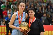 27 January 2019; Rachel Huidjsens of DCU Mercy is presented with the MVP by Orla Rooney, Treasurer of the Dublin Ladies Basketball Board, after the Hula Hoops Under 20 Women’s National Cup Final match between Portlaoise Panthers and DCU Mercy at the National Basketball Arena in Tallaght, Dublin. Photo by Brendan Moran/Sportsfile