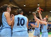 27 January 2019; DCU Mercy Joint captains Bronagh Power Cassidy, right, and Rachel Huidjsens lift the cup following the Hula Hoops Under 20 Women’s National Cup Final match between Portlaoise Panthers and DCU Mercy at the National Basketball Arena in Tallaght, Dublin. Photo by Eóin Noonan/Sportsfile