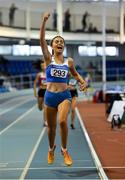 27 January 2019; Ava O'Connor of Tullamore Harriers AC, Co. Offaly, celebrates winning the Junior Women 800m event during the Irish Life Health Junior and U23 Indoors at AIT International Arena in Athlone, Co. Westmeath. Photo by Sam Barnes/Sportsfile