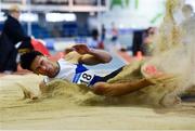 27 January 2019; Rafael McCaffrey of Ratoath AC, Co. Meath, competing in the Junior Men Long Jump event during the Irish Life Health Junior and U23 Indoors at AIT International Arena in Athlone, Co. Westmeath. Photo by Sam Barnes/Sportsfile