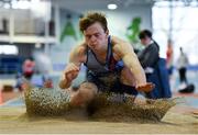 27 January 2019; David Dagg of Dundrum South Dublin AC, Co. Dublin, competing in the U23 Men Long Jump event during the Irish Life Health Junior and U23 Indoors at AIT International Arena in Athlone, Co. Westmeath. Photo by Sam Barnes/Sportsfile