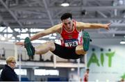 27 January 2019; James Fortune of Enniscorthy AC, Co. Wexford, competing in the U23 Men Long Jump event during the Irish Life Health Junior and U23 Indoors at AIT International Arena in Athlone, Co. Westmeath. Photo by Sam Barnes/Sportsfile