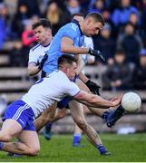 27 January 2019; Barry Kerr of Monaghan blocks a shot by Paul Mannion of Dublin during the Allianz Football League Division 1 Round 1 match between Monaghan and Dublin at St Tiernach's Park in Clones, Co. Monaghan. Photo by Ramsey Cardy/Sportsfile