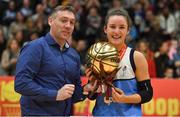 27 January 2019; Dayna Finn of Maree is presented with the MVP by James Fleming after the Hula Hoops Women’s Division One National Cup Final match between Maree and Ulster University Elks at the National Basketball Arena in Tallaght, Dublin. Photo by Brendan Moran/Sportsfile