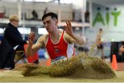 27 January 2019; James Fortune of Enniscorthy AC, Co. Wexford, competing in the U23 Men Long Jump event during the Irish Life Health Junior and U23 Indoors at AIT International Arena in Athlone, Co. Westmeath. Photo by Sam Barnes/Sportsfile