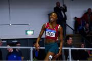 27 January 2019; Helen Ikpotokin of St. Michael's AC, Co. Offaly, celebrates winning the Junior Women 200m event during the Irish Life Health Junior and U23 Indoors at AIT International Arena in Athlone, Co. Westmeath. Photo by Sam Barnes/Sportsfile