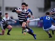 27 January 2019; Patsakorn Kidd of Terenure College on his way to scoring his side's first try despite the tackle of Jack McSharry of St Mary's College during the Bank of Ireland Leinster Schools Senior Cup Round 1 match between St Mary's College and Terenure College at Energia Park in Dublin. Photo by Tom Beary/Sportsfile